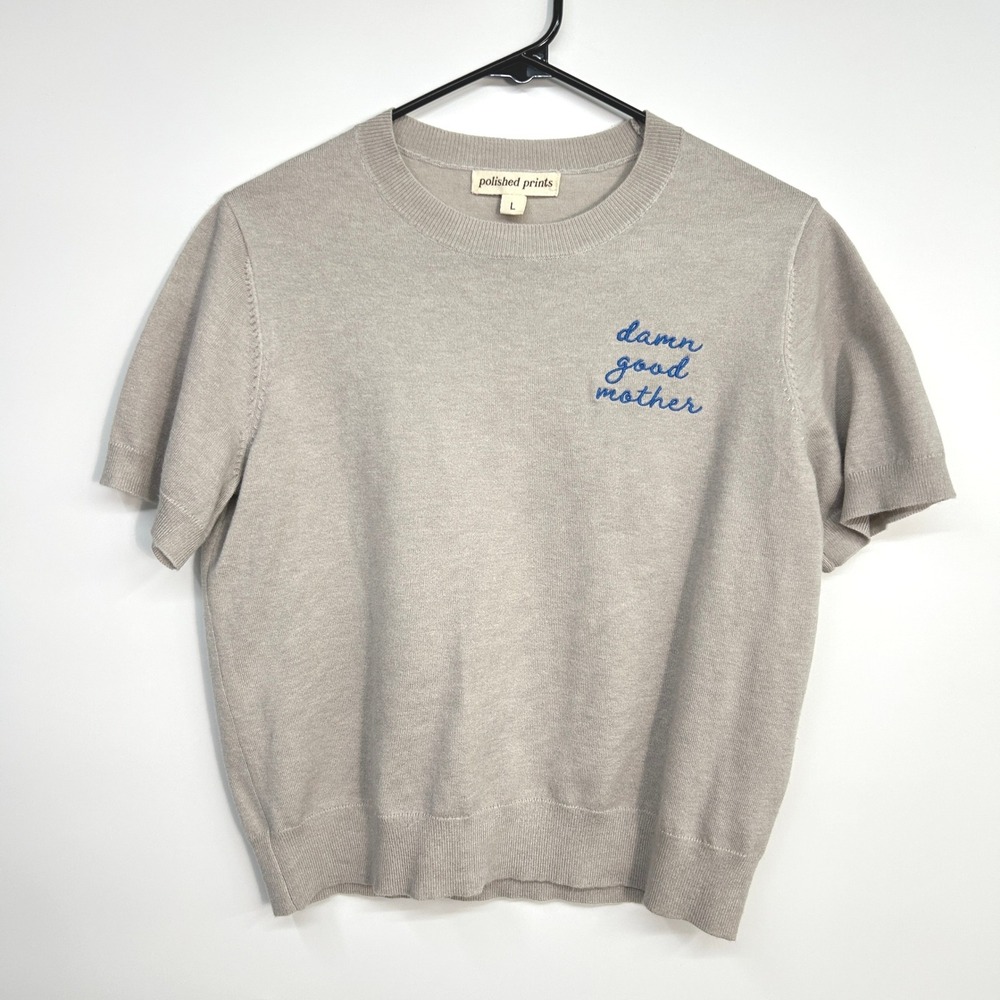 Embroidered Merino Blend Short Sleeve Sweater Large Damn Good Mother Beige‎
